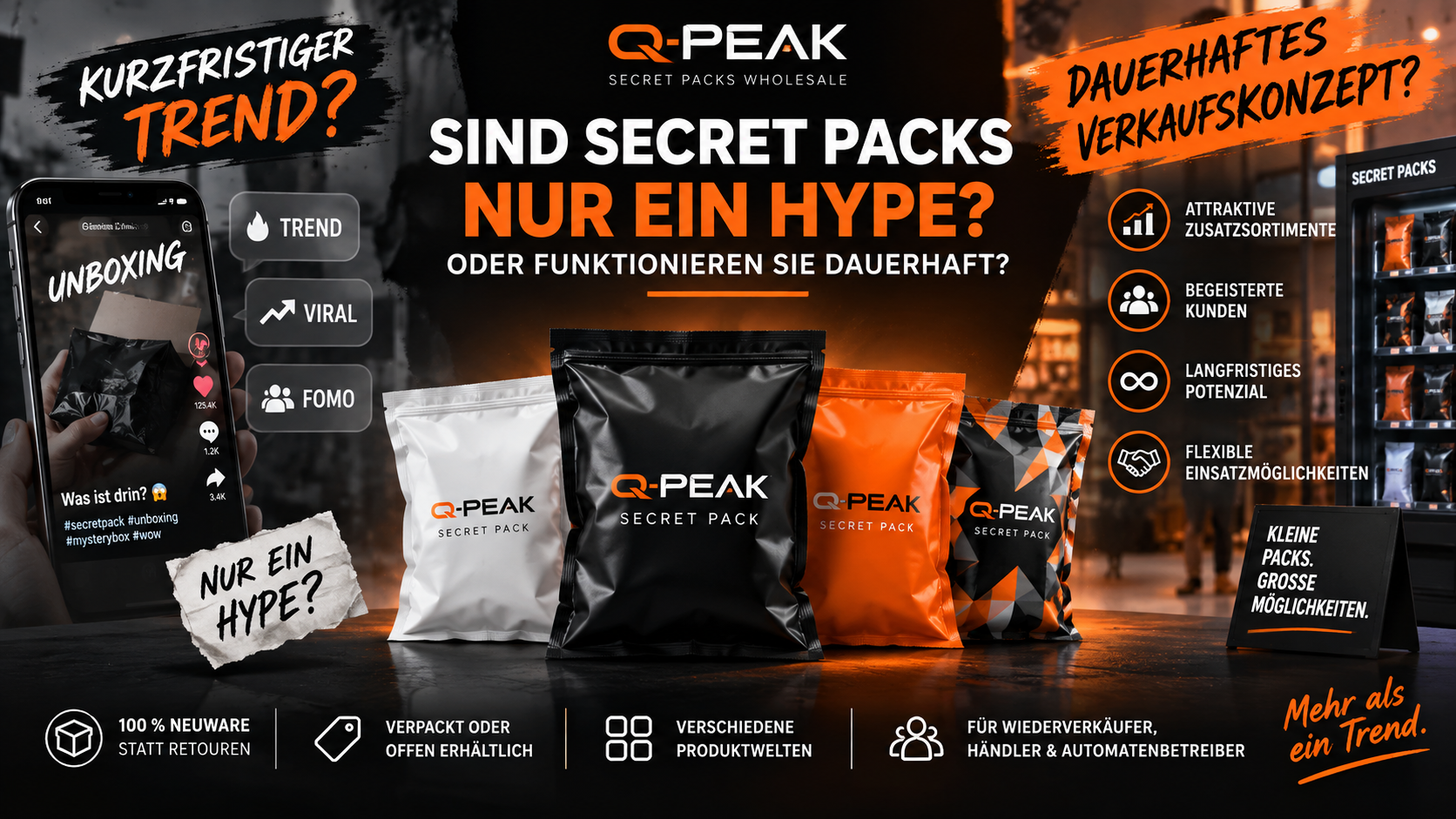 Secret Packs, Mystery Boxes und Überraschungspakete sind längst kein unbekanntes Phänomen mehr. In sozialen Medien werden Pakete ausgepackt, Automaten mit Überraschungsprodukten aufgestellt und Händler entdecken Secret Packs als zusätzliches Sortiment. Doch gerade für Wiederverkäufer stellt sich eine wichtige Frage: Sind Secret Packs nur ein kurzfristiger Hype – oder steckt dahinter ein Verkaufskonzept, das auch langfristig funktionieren kann? Die Antwort hängt weniger vom Begriff „Secret Pack“ ab, als vom Prinzip dahinter – und davon, wie gut dieses umgesetzt wird.
